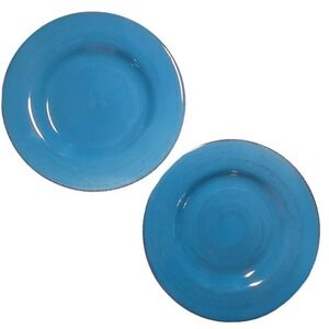 Tag Set of 2 Teal Blue Stoneware Dinner Plates Rustic Glazed Dishware perfect